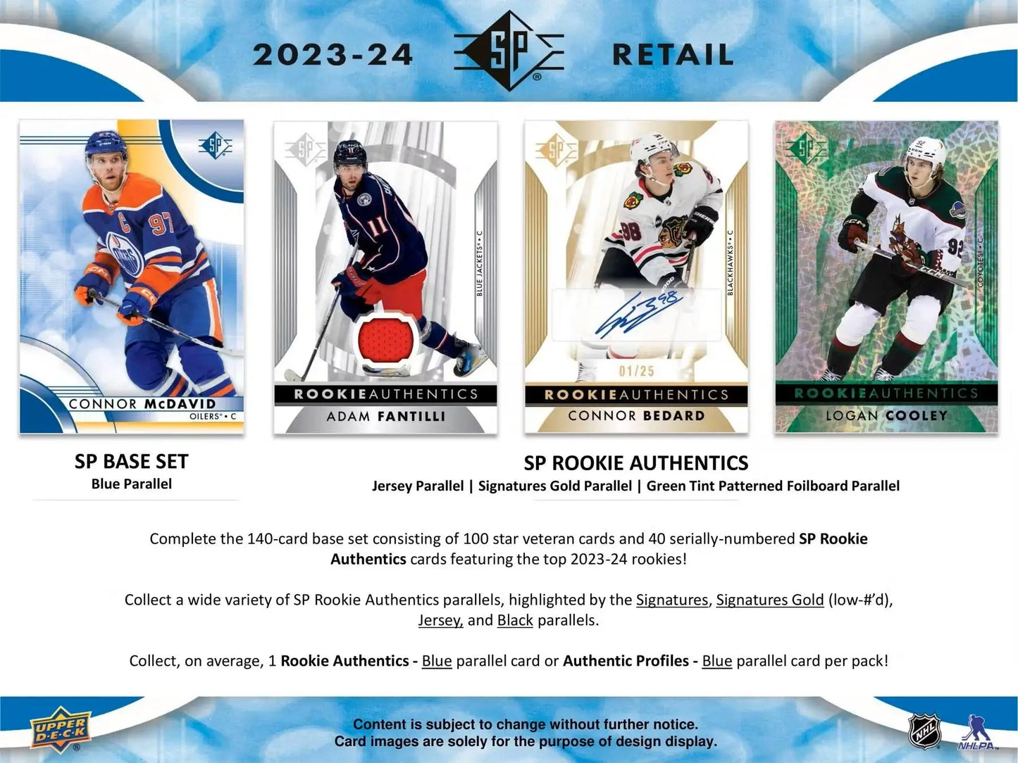 2023/24 Upper Deck SP Hockey blaster box with rookie authentics and patterned foilboard cards