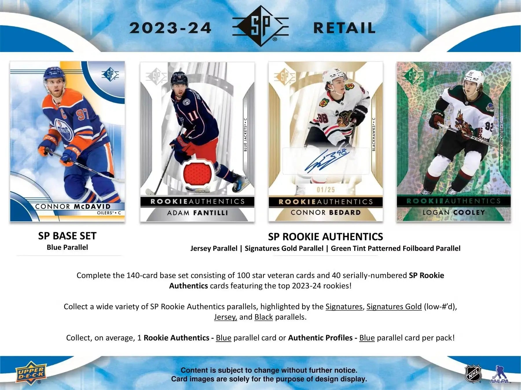 2023/24 Upper Deck SP Hockey blaster box with rookie authentics and patterned foilboard cards