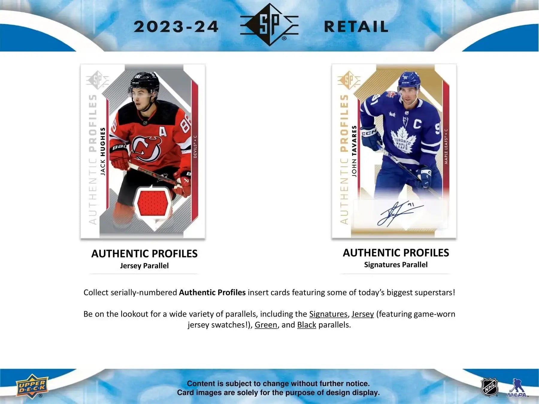 Two hockey trading cards with player images, autographs, and jersey swatches from 2023/24 Upper Deck SP Hockey featuring rookie authentics and patterned foilboard