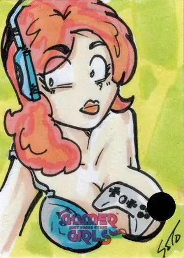 Cartoon-style woman with red hair and microphone on 2023 Omar Soto sketch card