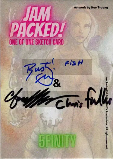 Signed sketch card of a blonde woman by Rusty Gilligan and Chris Foulkes