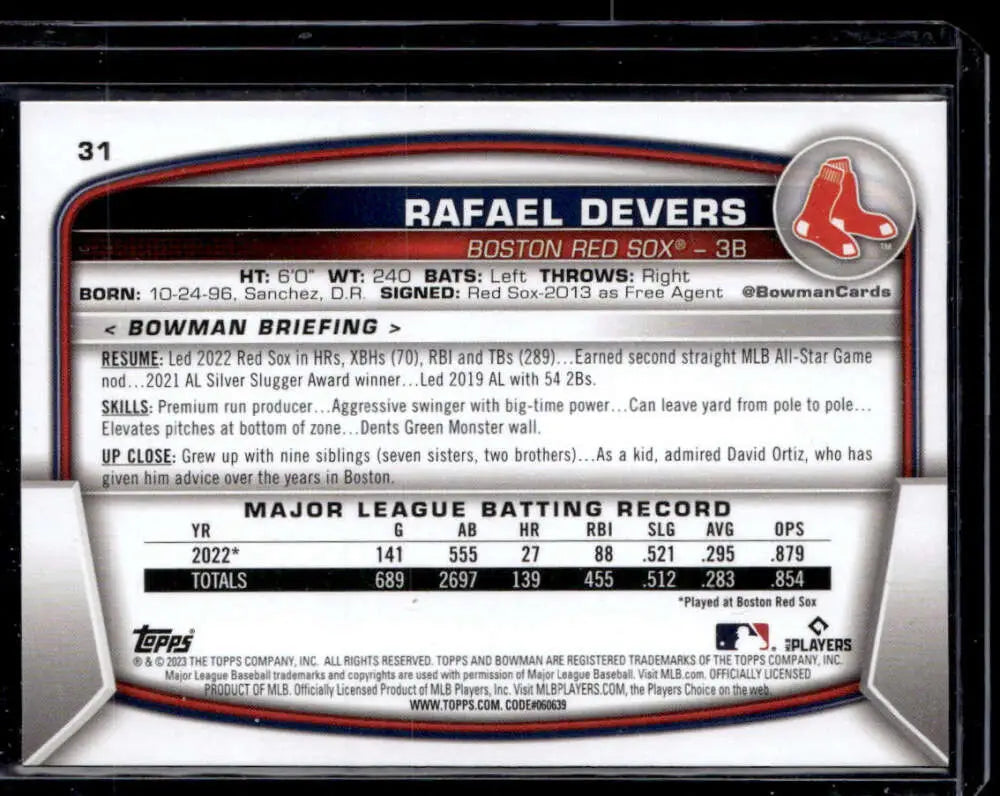 Baseball trading card of Rafael Devers, Boston Red Sox, 2023 Bowman NM-MT