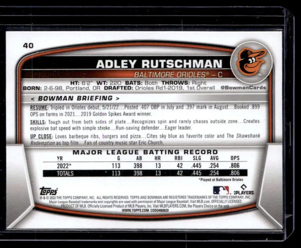 Baseball card featuring Adley Rutschman NM-MT with MLB batting statistics and highlights