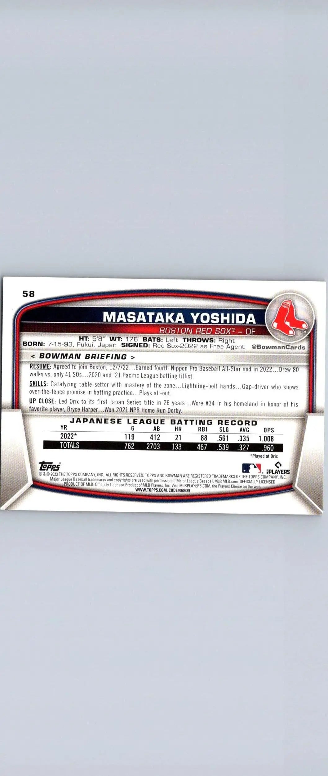 Baseball card back of 2023 Bowman #58 Masataka Yoshida trading cards