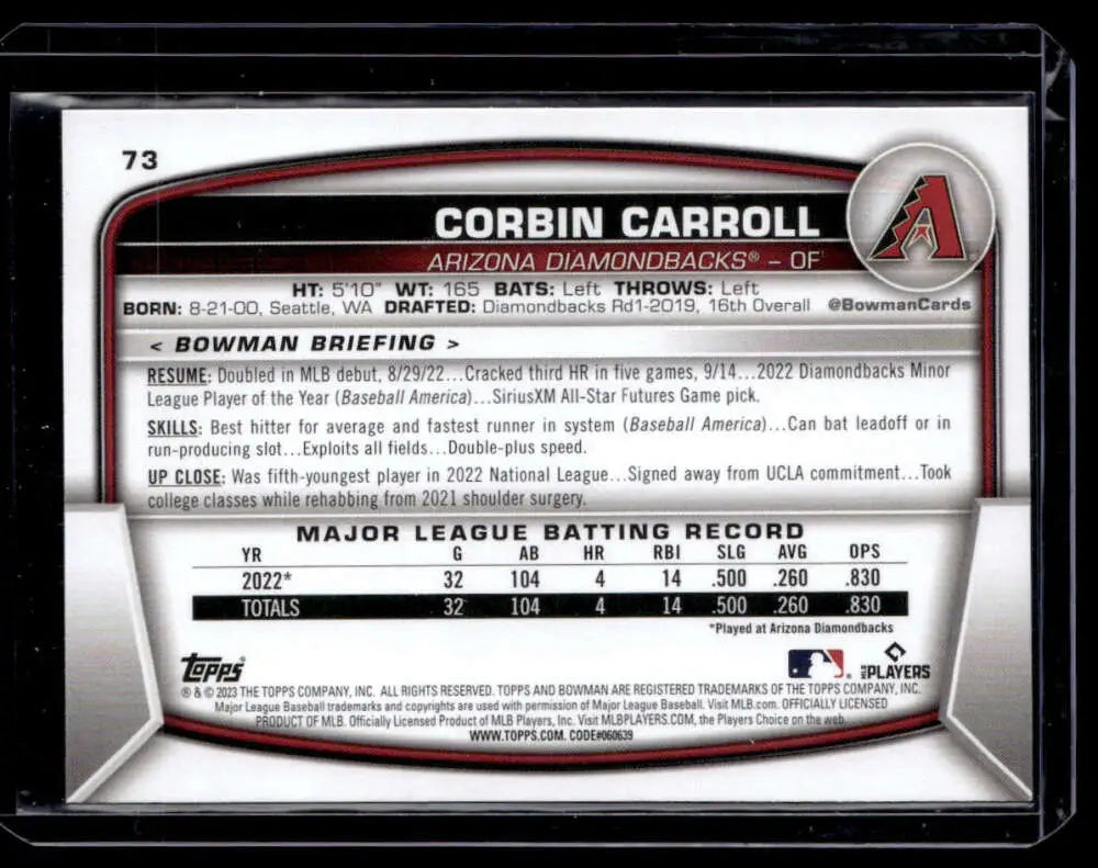 Back of 2023 Bowman #73 Corbin Carroll NM-MT trading card showcasing player stats