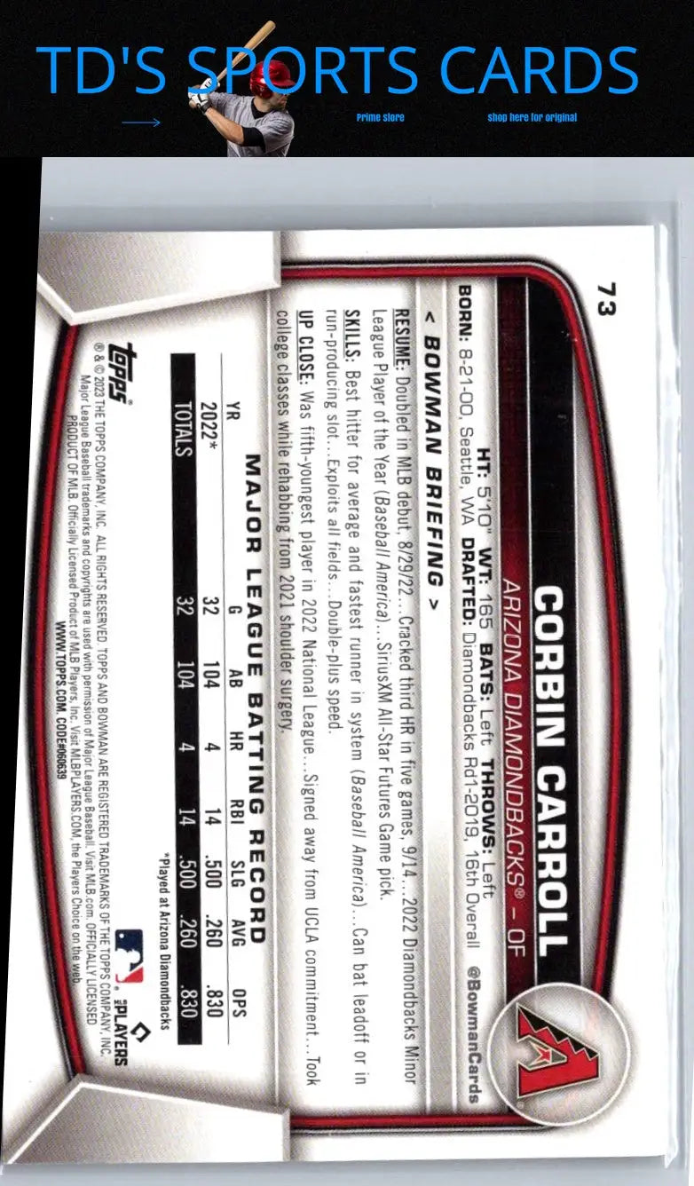 2023 Bowman Corbin Carroll baseball card featuring Corbin Carroll in collectible sports trading card