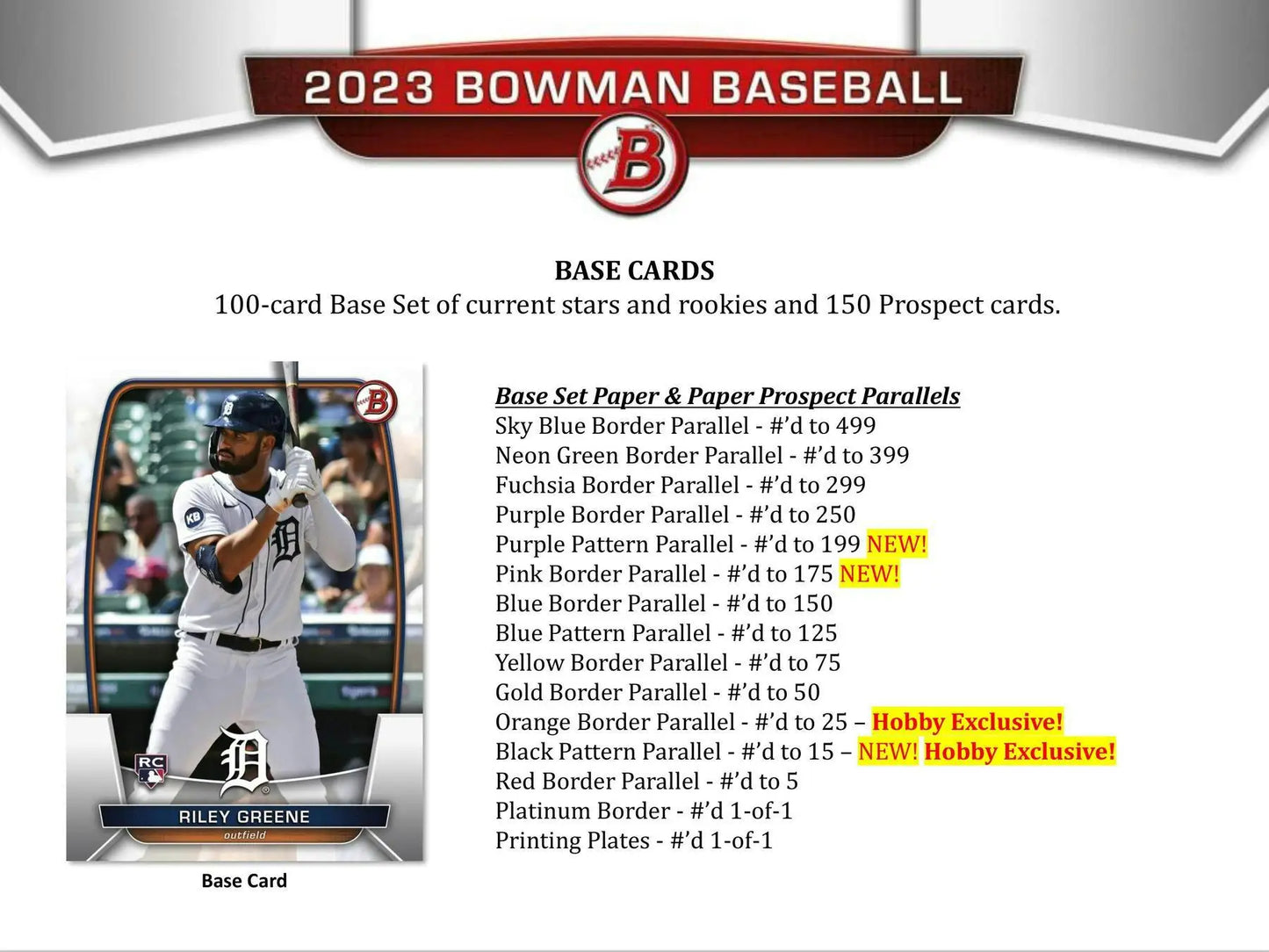 2023 Bowman Baseball Hobby Box featuring gold, red, and superfractor parallels card details