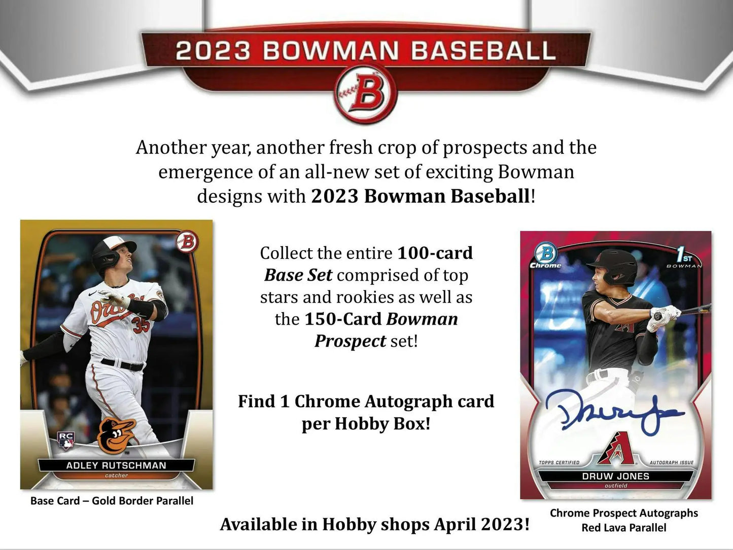 2023 Bowman Baseball Hobby Box ad featuring gold and red refractor parallels