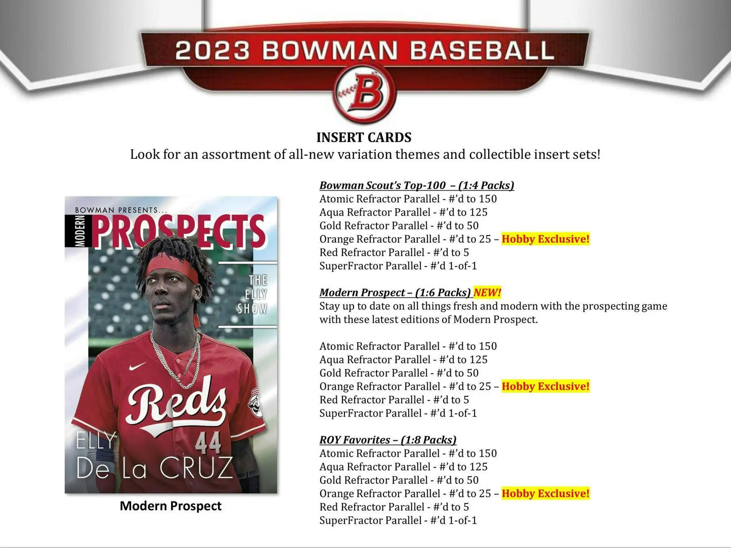 2023 Bowman Baseball Hobby Box with insert cards including gold, red, and superfractor parallels