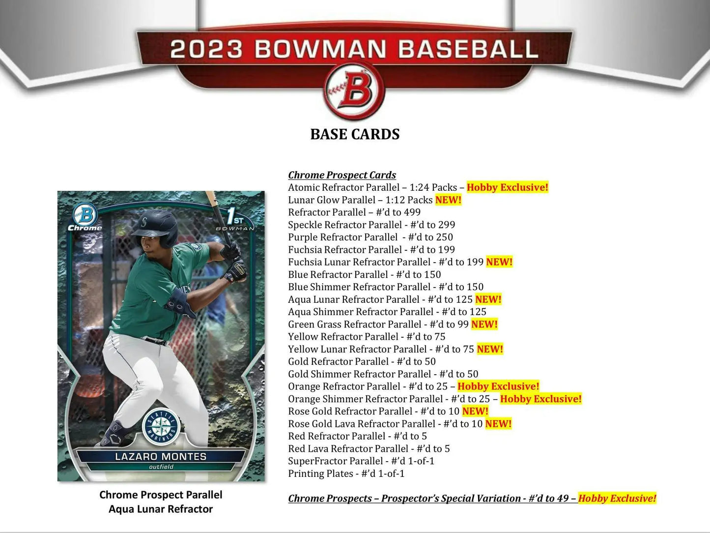 2023 Bowman Baseball card checklist with gold refractor, red refractor, and superfractor parallels