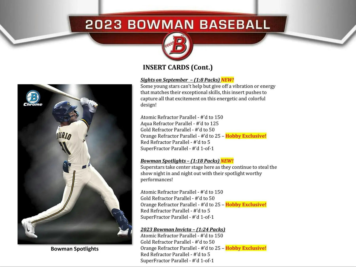 Baseball card insert information showcasing Gold Refractor Parallel Red Refractor Parallel Superfractor Parallel in 2023 Bowman Baseball Hobby Box