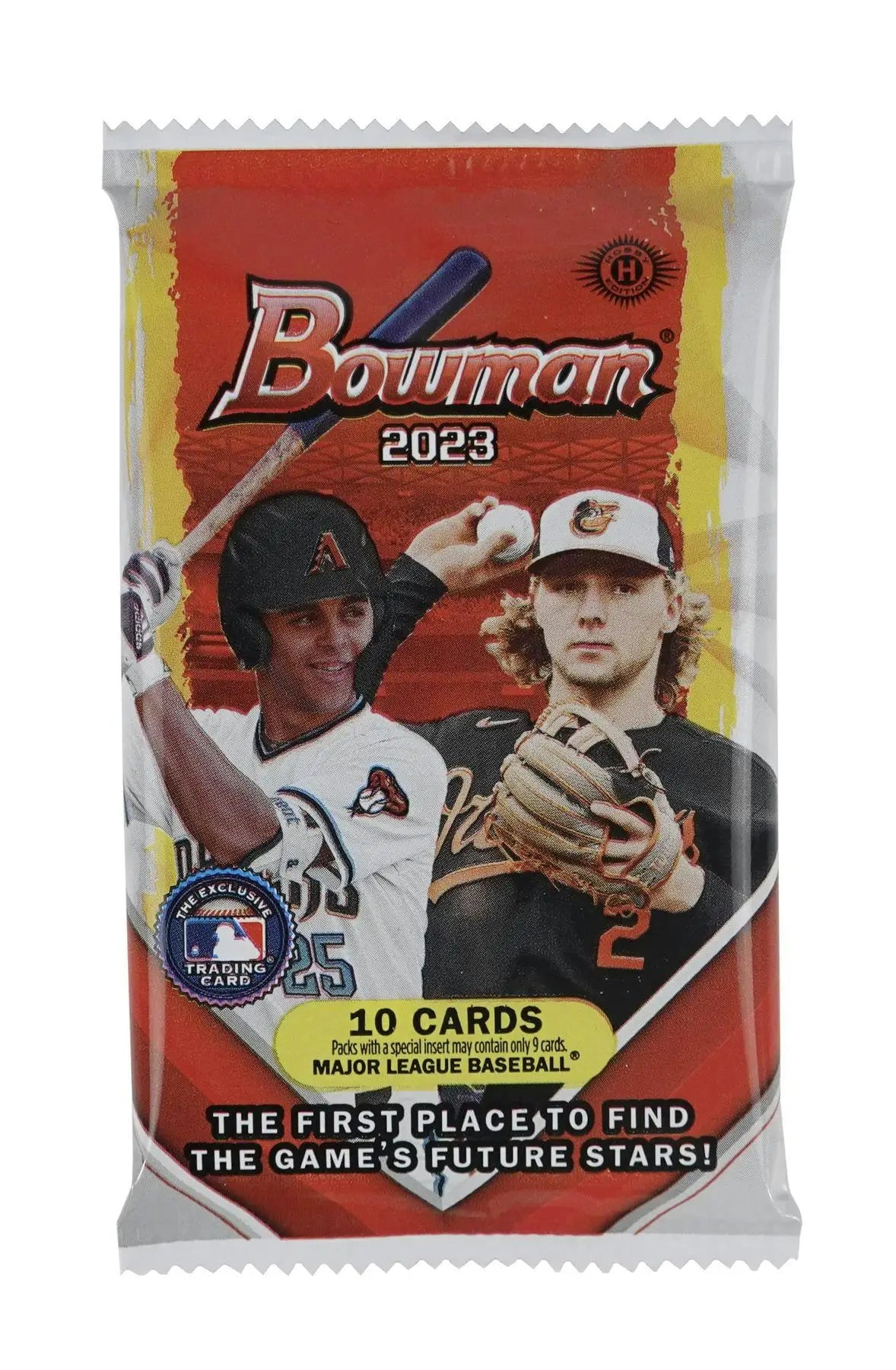 Sealed pack of 2023 Bowman baseball cards with gold and red refractor parallels in hobby box