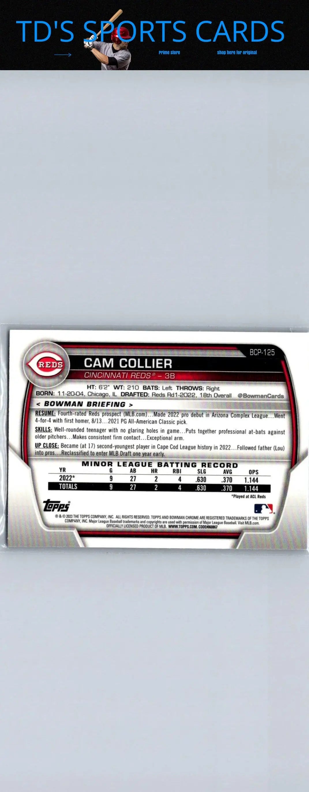2023 Bowman Cam Collier Chrome Prospects Mojo Refractors baseball card