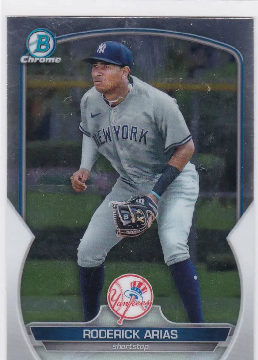 Baseball card of Roderick Arias in gray uniform for New York Yankees Bowman Chrome