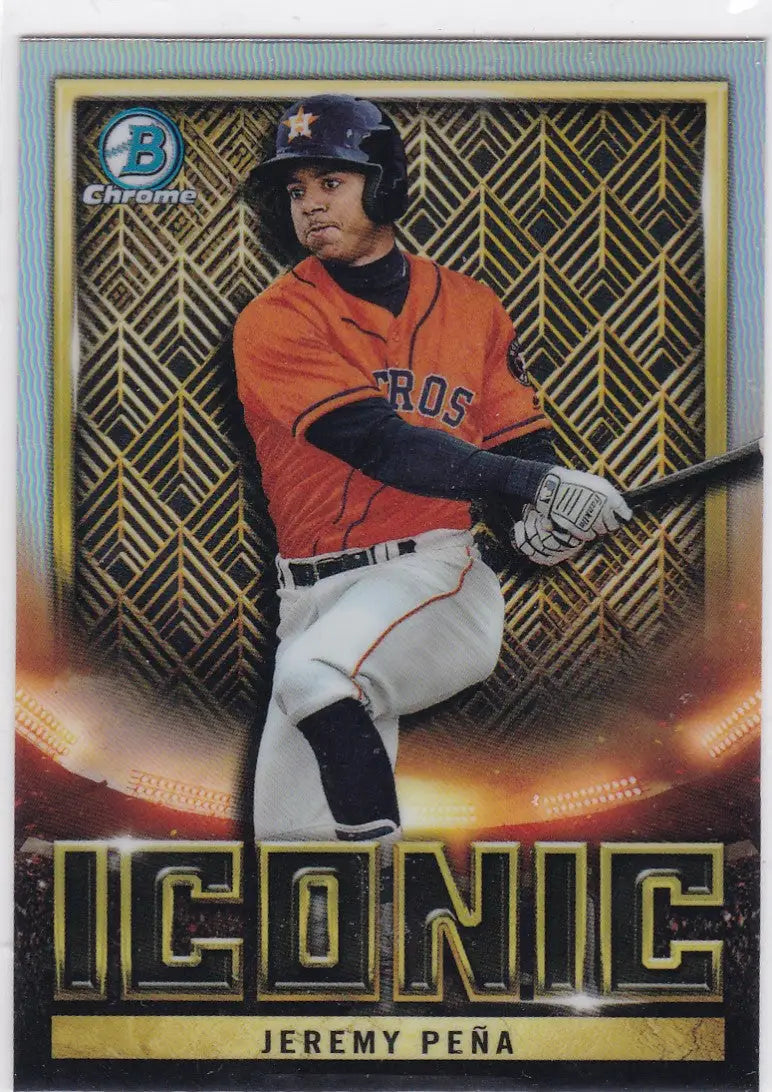 Baseball card of Jeremy Pena Iconic Houston Astros player swinging bat against gold background