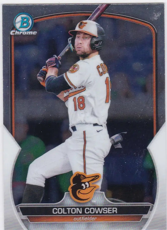 Baseball card of Colton Cowser Baltimore Orioles in white uniform at bat, Bowman Chrome Prospect