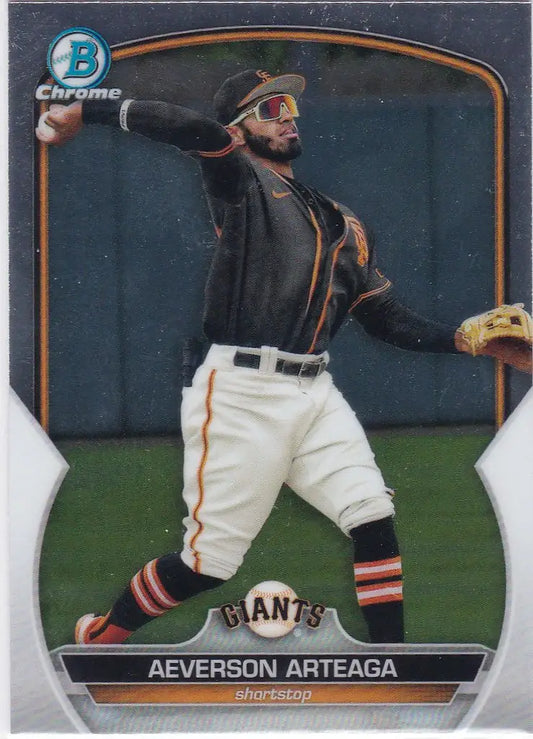 Baseball card of Aeverson Arteaga San Francisco Giants, featuring Bowman Chrome Prospect design