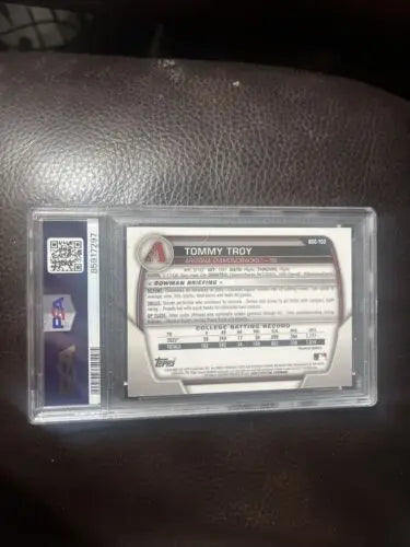 Encased Tommy Troy baseball card from 2023 Bowman Draft Chrome PSA 9 edition