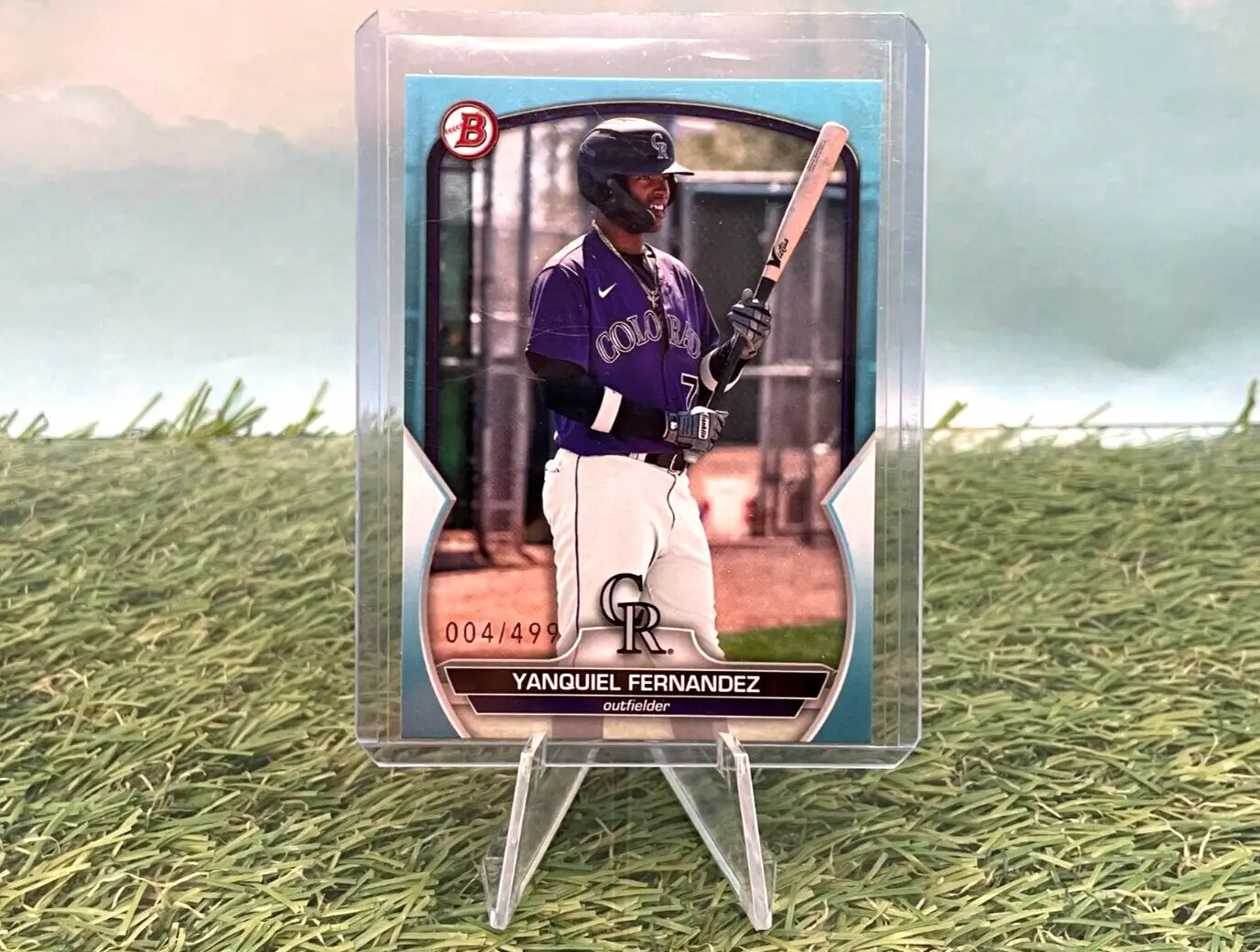 Yanquiel Fernandez baseball card from 2023 Bowman Draft, Sky Blue edition for Colorado Rockies