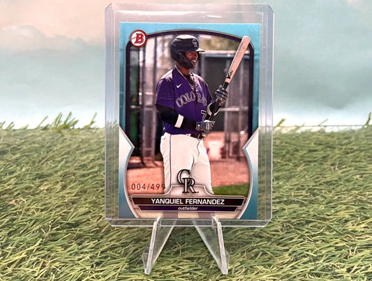 Yanquiel Fernandez baseball card from 2023 Bowman Draft, Sky Blue edition for Colorado Rockies