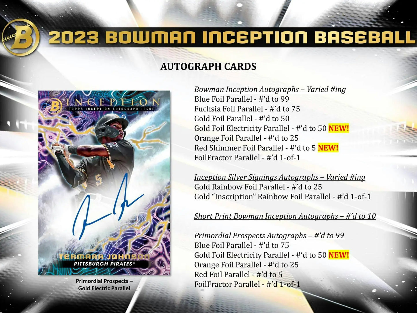 2023 Bowman Inception Baseball Hobby Box with autograph cards, foilfractor parallels, and dual relics