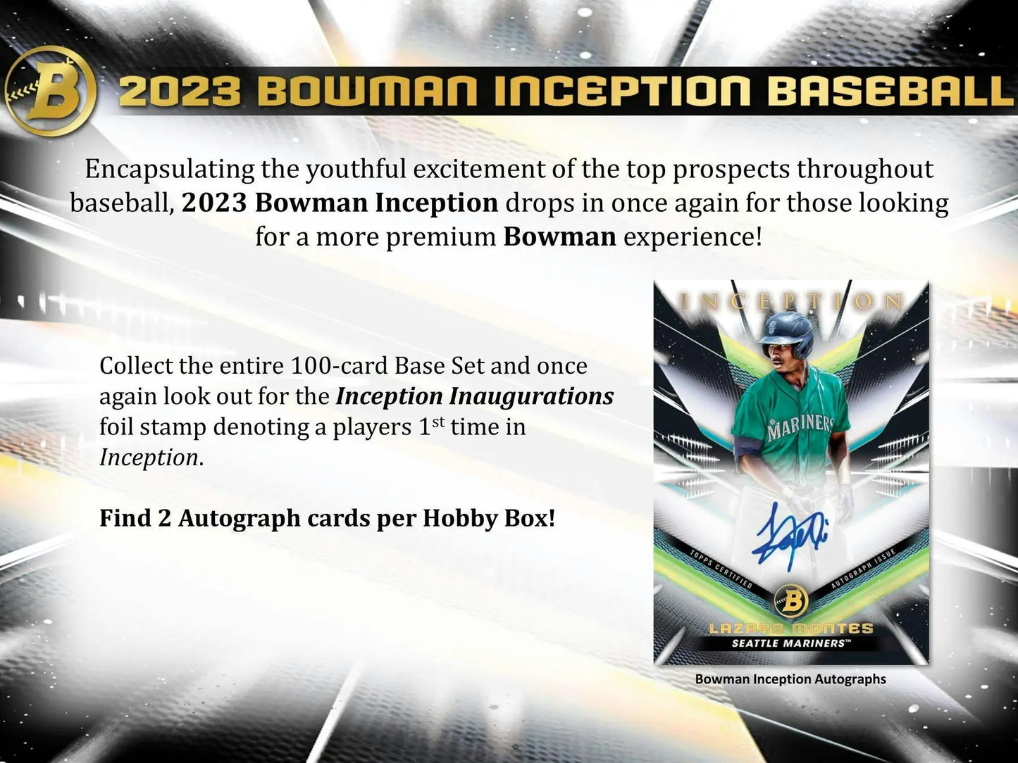 2023 Bowman Inception Baseball card with foilfractor parallel and dual relic inclusions