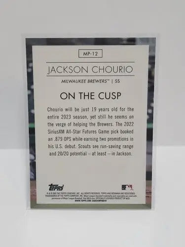 2023 Bowman Modern Prospects Jackson Chourio trading card featuring a baseball player