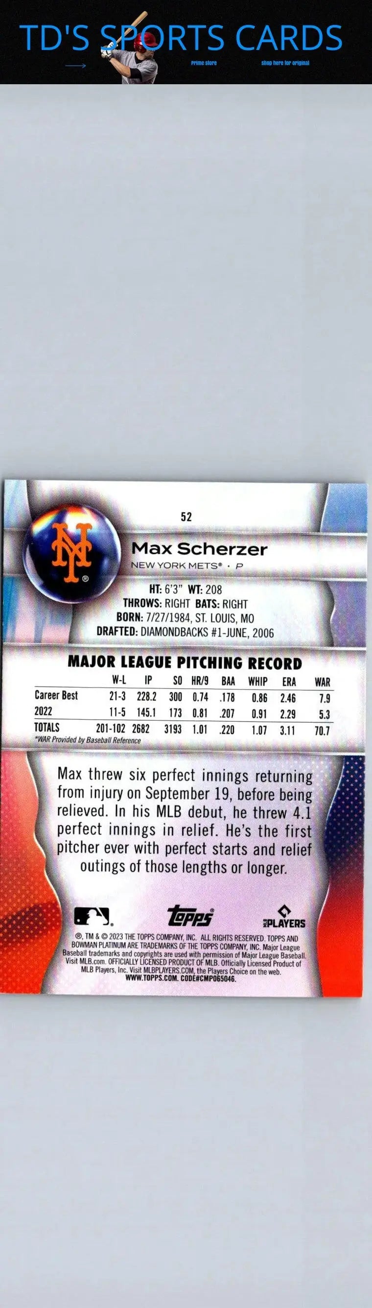 Baseball card featuring Max Scherzer from 2023 Bowman Platinum series