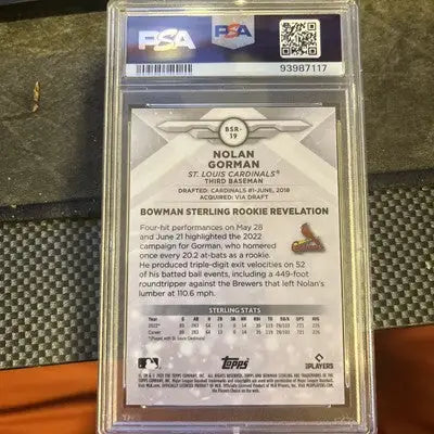 Graded Bowman Sterling Nolan Gorman baseball card in PSA 10 slab featuring sterling silver design
