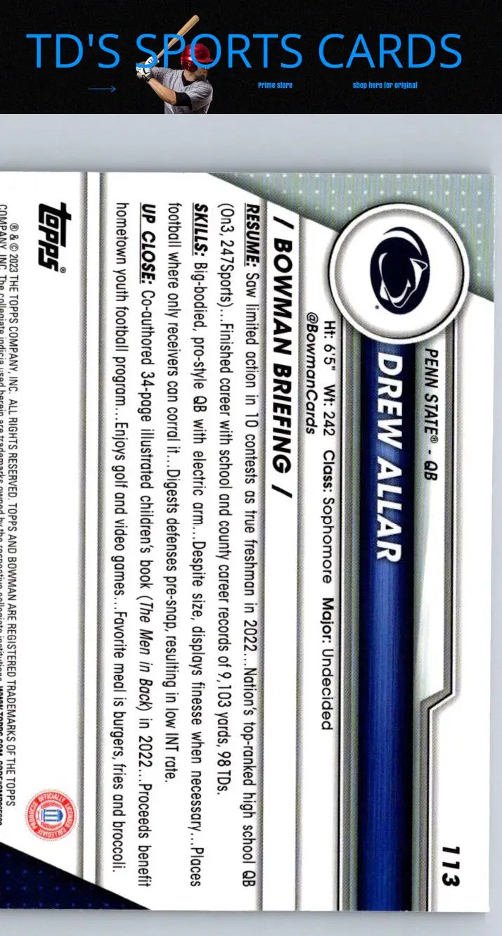 Drew Allar football card from 2023 Bowman University Chrome #113 collectible set
