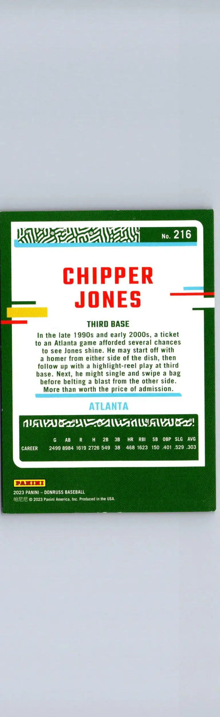 Chipper Jones baseball card 2023 Donruss #216 Chipper Jones Holo Red #/2023