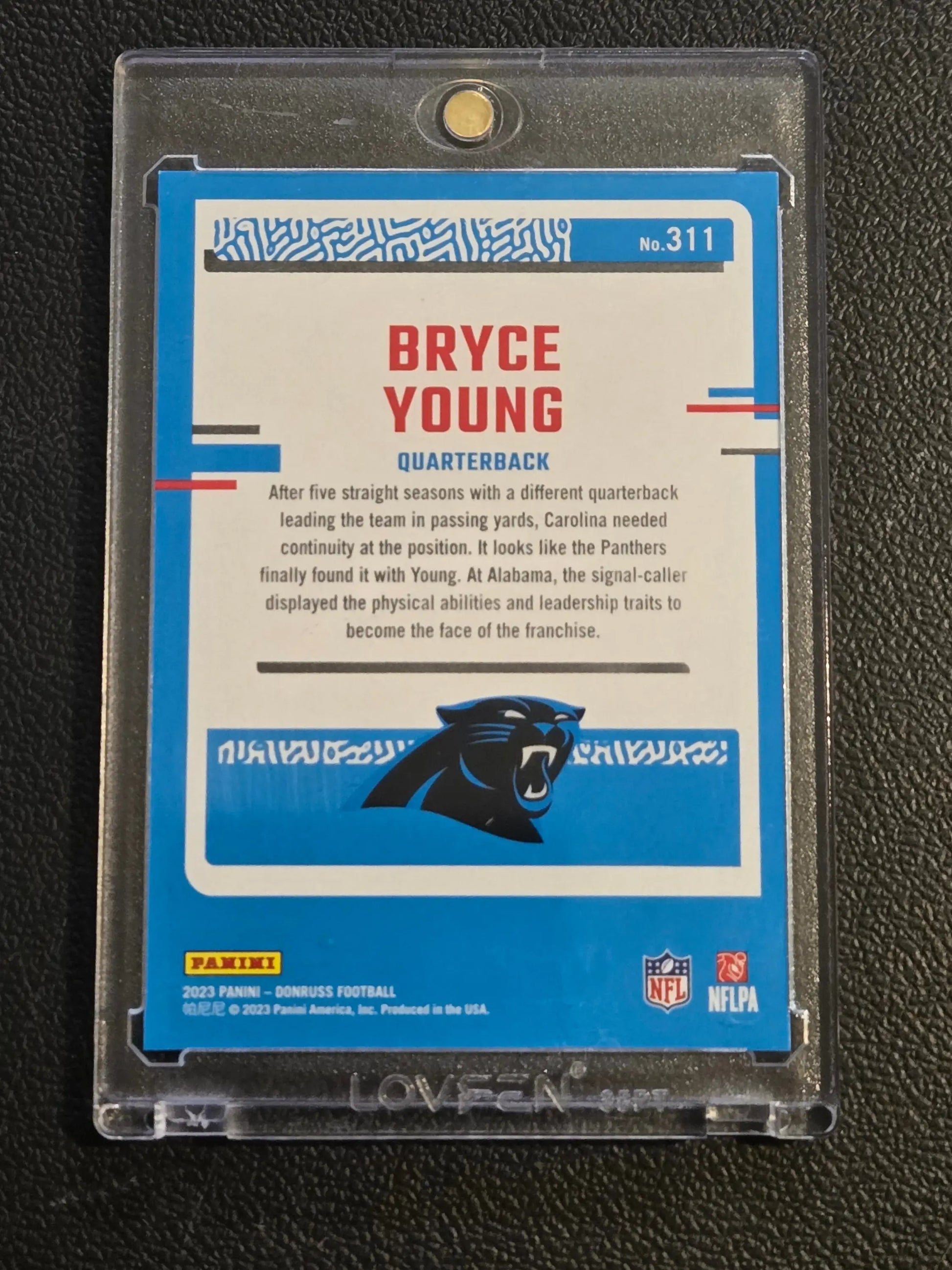 Bryce Young Carolina Panthers 2023 Donruss trading card in protective case