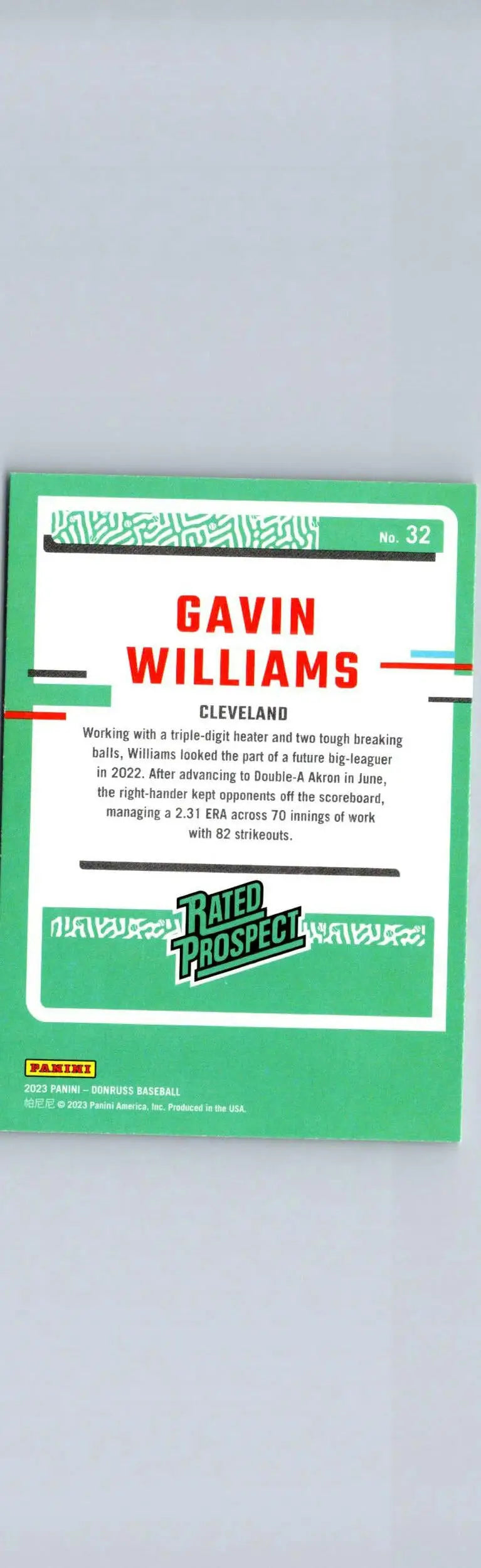 Gavin Williams baseball card from 2023 Donruss #32 collectible trading card