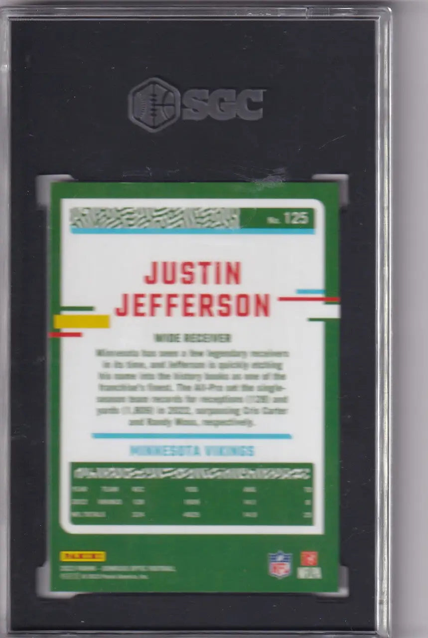 Graded Justin Jefferson SGC 8 football card from 2023 Donruss Optic, Minnesota Vikings