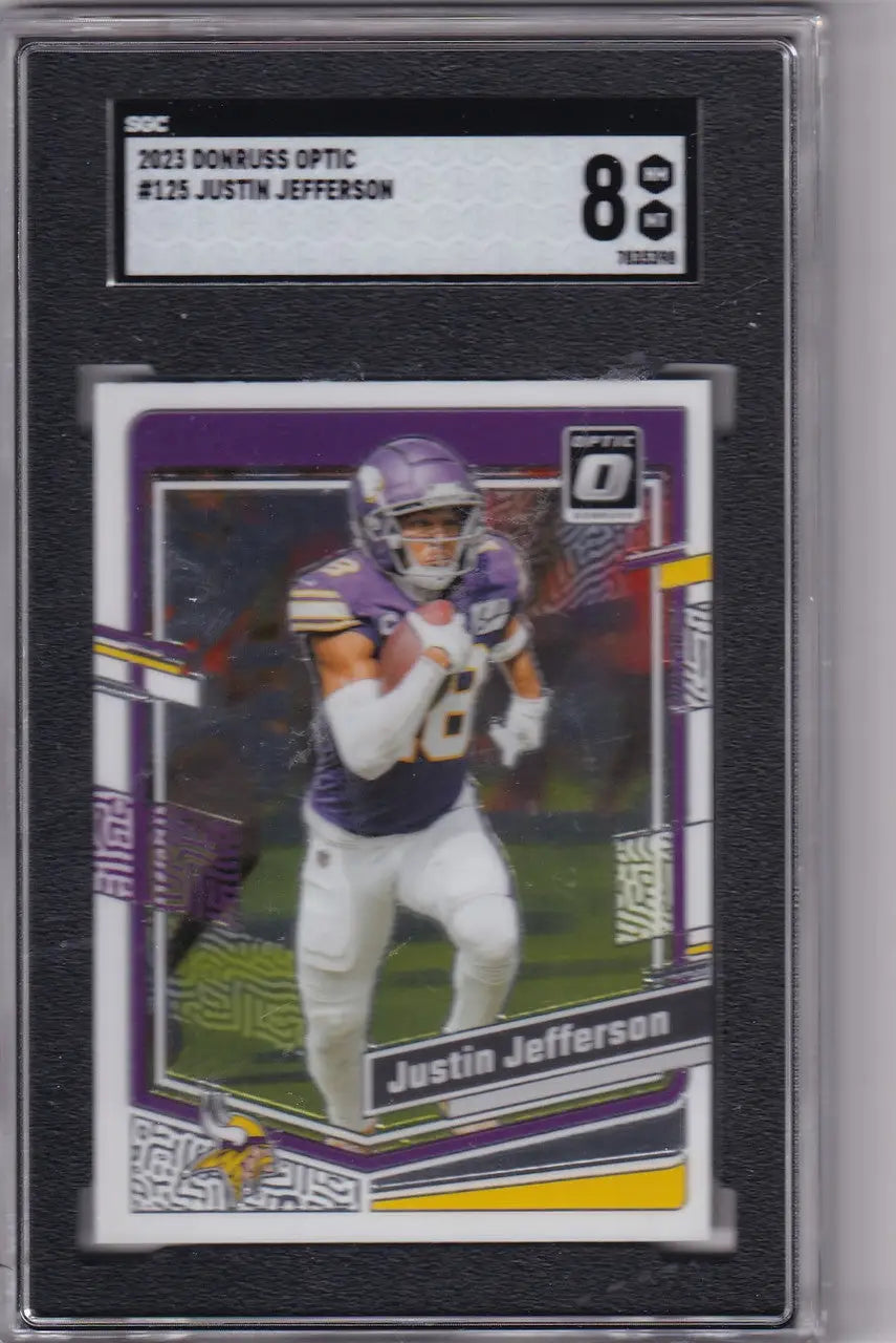Graded Justin Jefferson SGC 8 football card from 2023 Donruss Optic Minnesota Vikings