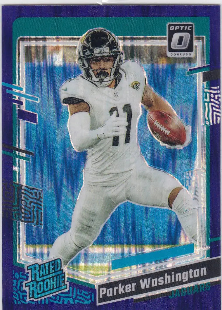 Parker Washington football card featuring 2023 Donruss Optic Purple Shock Prizm
