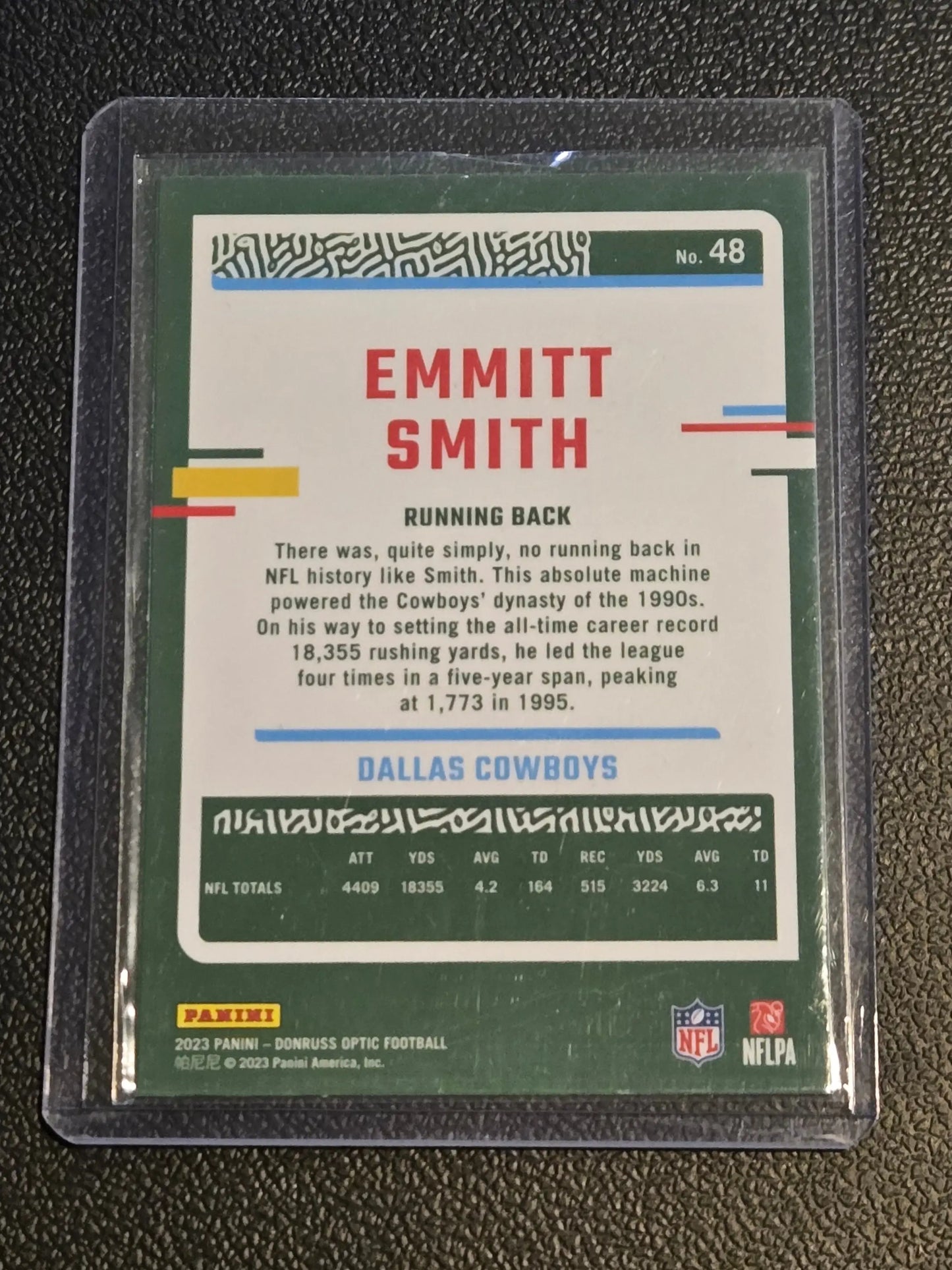 2023 Donruss Optic Emmitt Smith football card displayed in product packaging