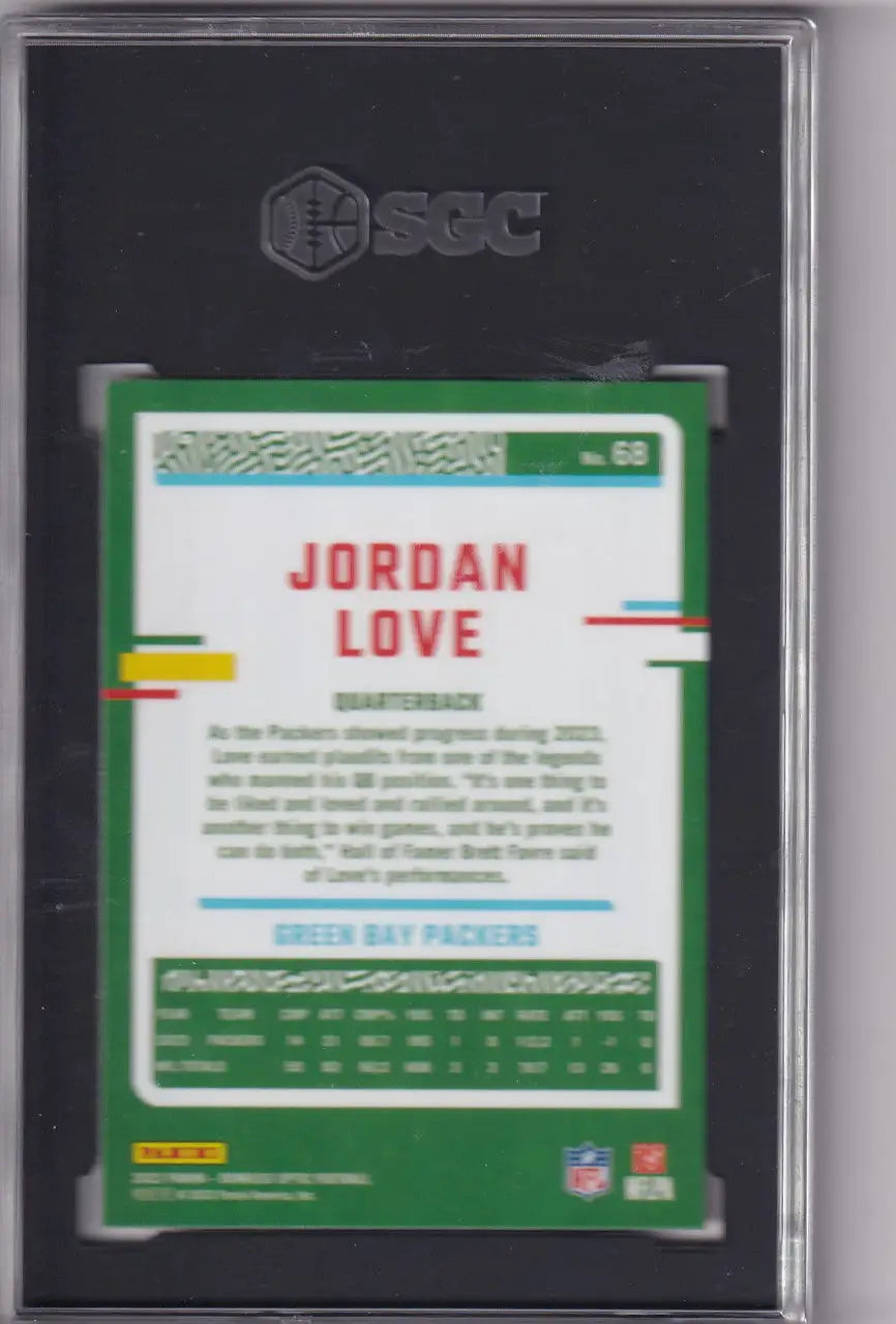 Graded Jordan Love SGC 9.5 football card from 2023 Donruss Optic, Green Bay Packers