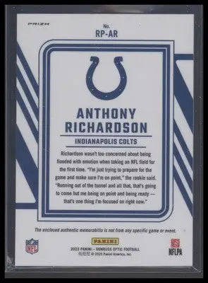 Anthony Richardson football card from Donruss Optic 2023 Rookie Phenom Blue Hyper series