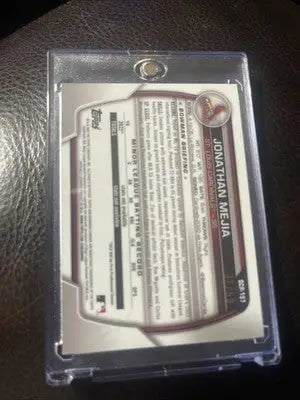 Baseball trading card in protective case 2023 Jonathan Mejia Bowman Chrome Gold Mojo Mega Refractor /50 Cardinals