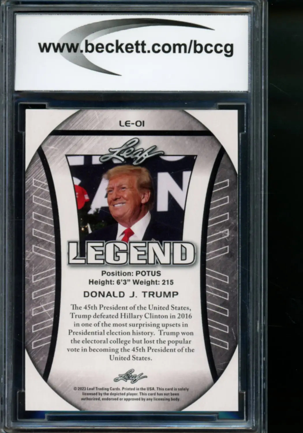 2023 Leaf Special Release Donald Trump Trading Card displayed in a collectible product