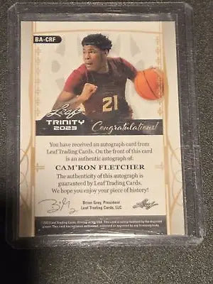 Cam’ron Fletcher autograph trading card featuring Leaf Trinity Fletcher Holo Gold Finish
