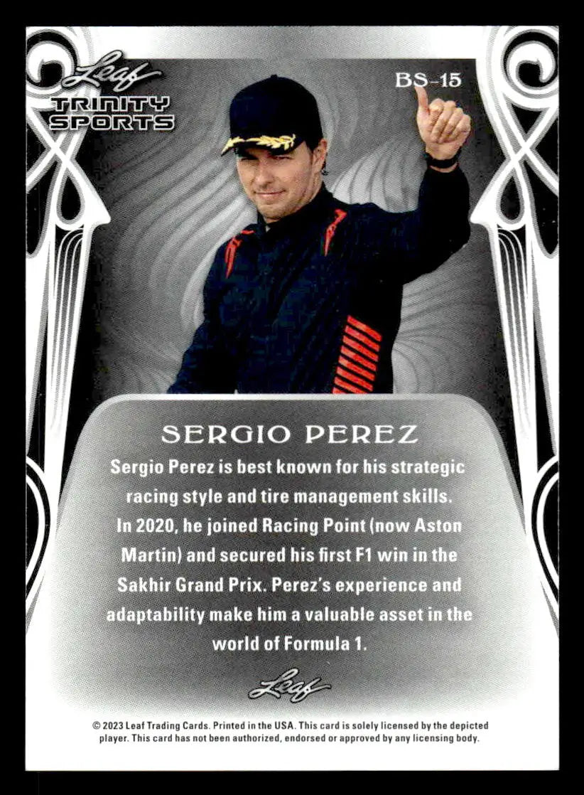 Trading card of Sergio Perez from Leaf Trinity 2023 featuring Sergio Perez Base Sports