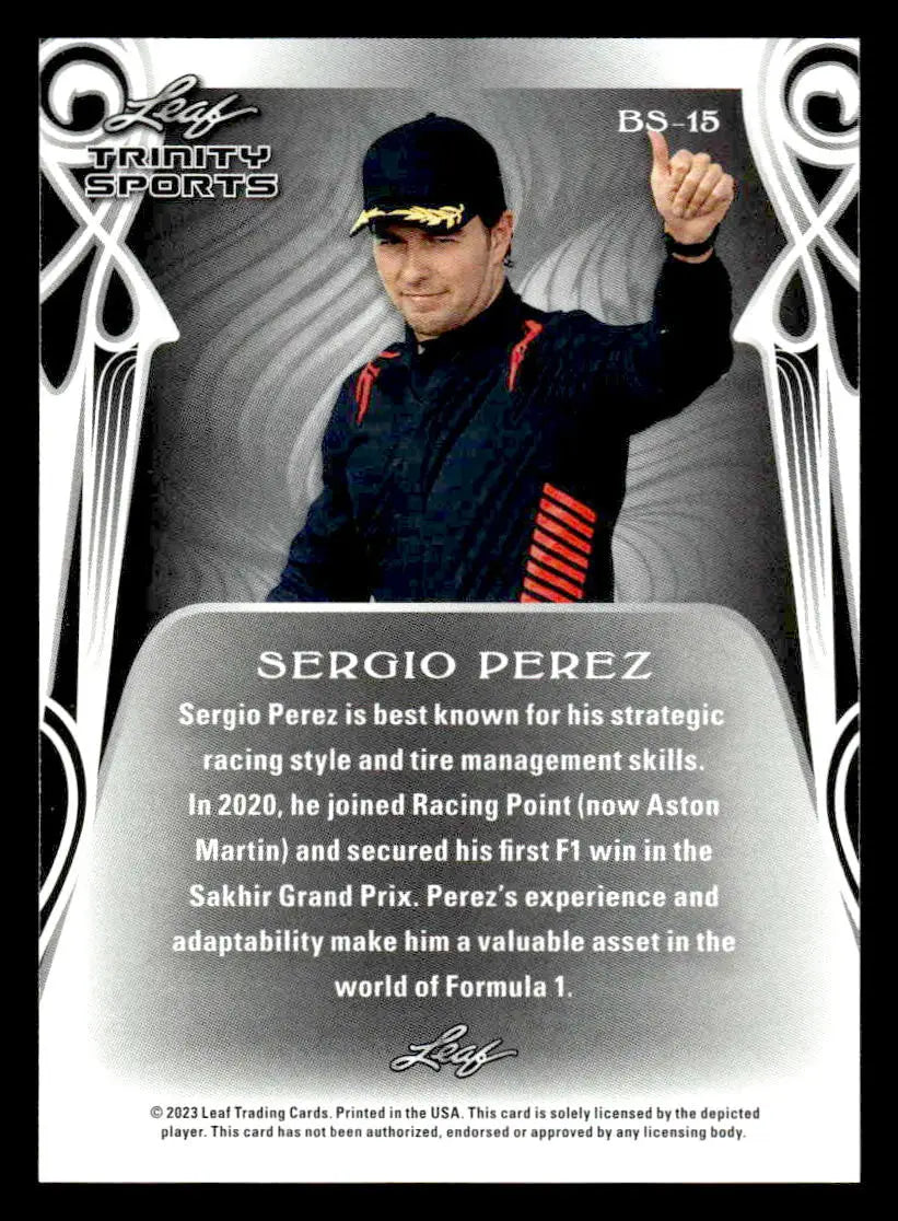 Collectible trading card featuring Sergio Perez from 2023 Leaf Trinity Perez Base Sports