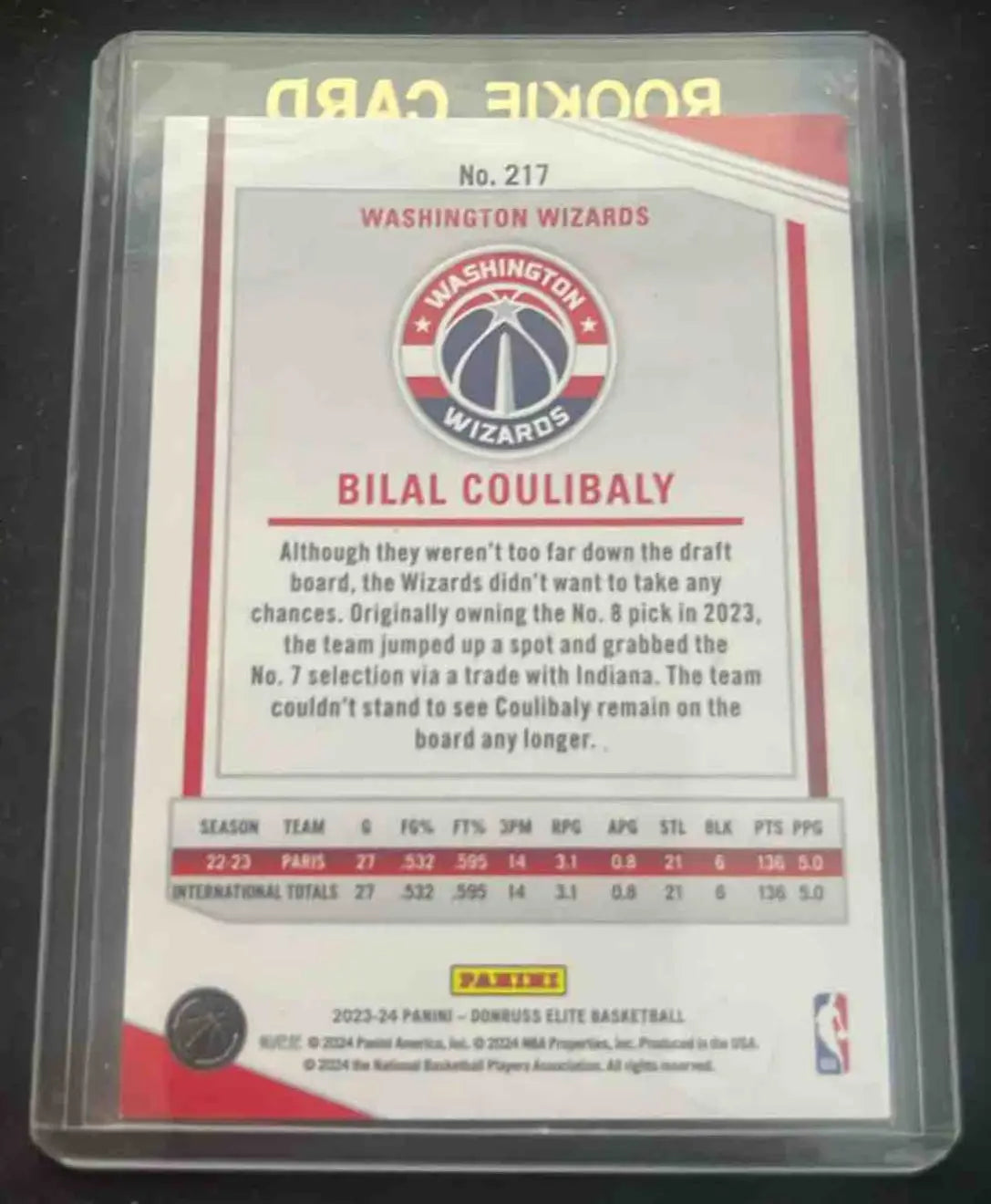 Panini Donruss Elite Bilal Coulibaly basketball trading card with stats and Wizards logo