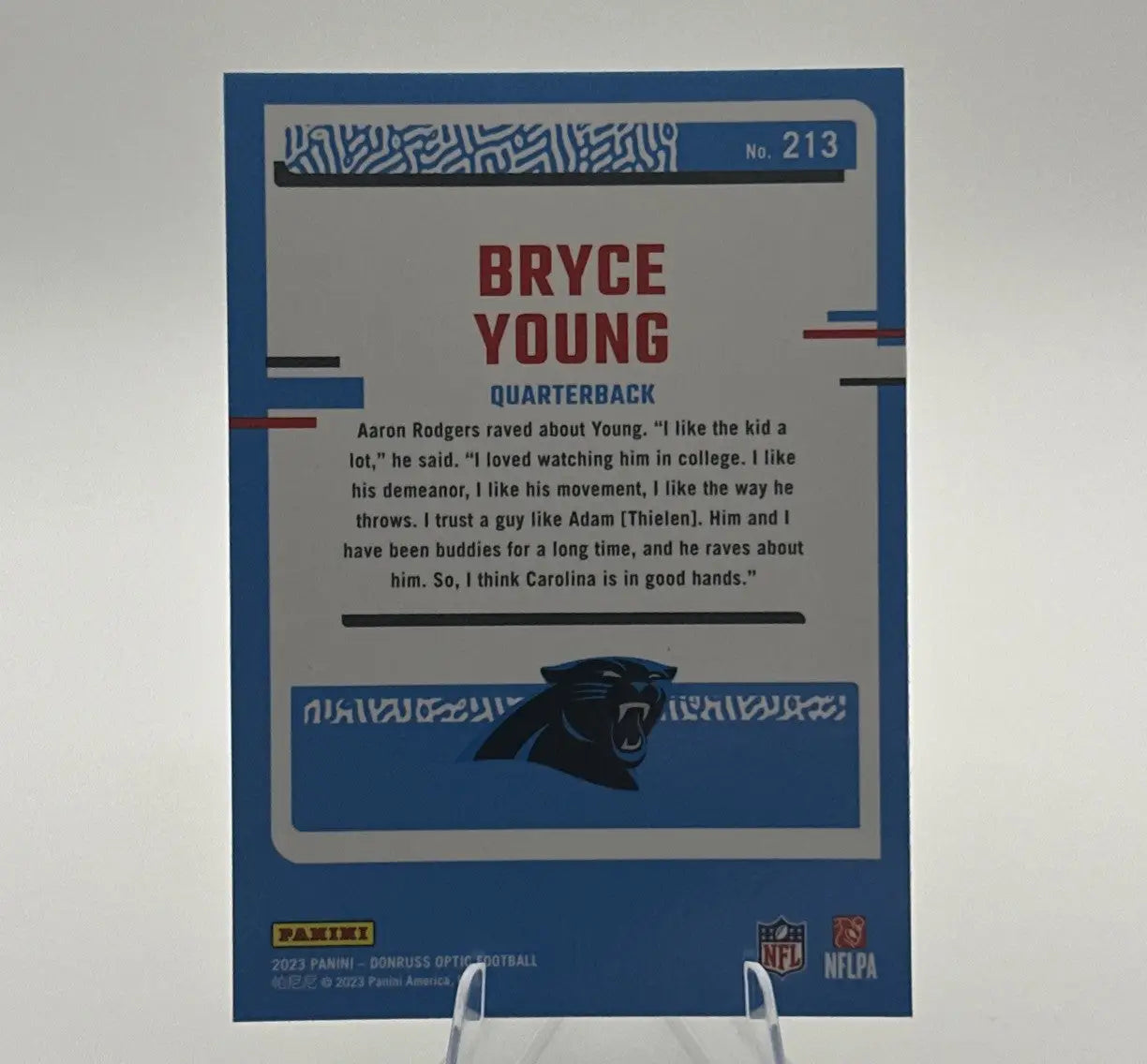 Bryce Young football card from 2023 Panini Donruss Optic Rated Rookie #213 Panthers