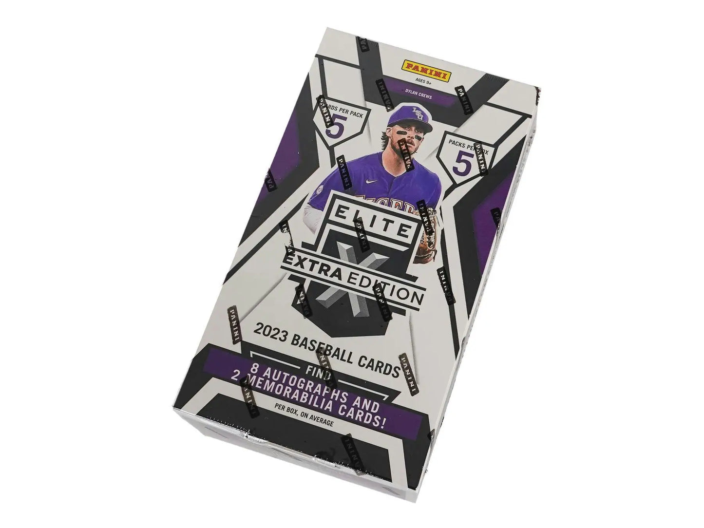 Box of 2023 Elite Extra Edition baseball cards with memorabilia cards in hobby box