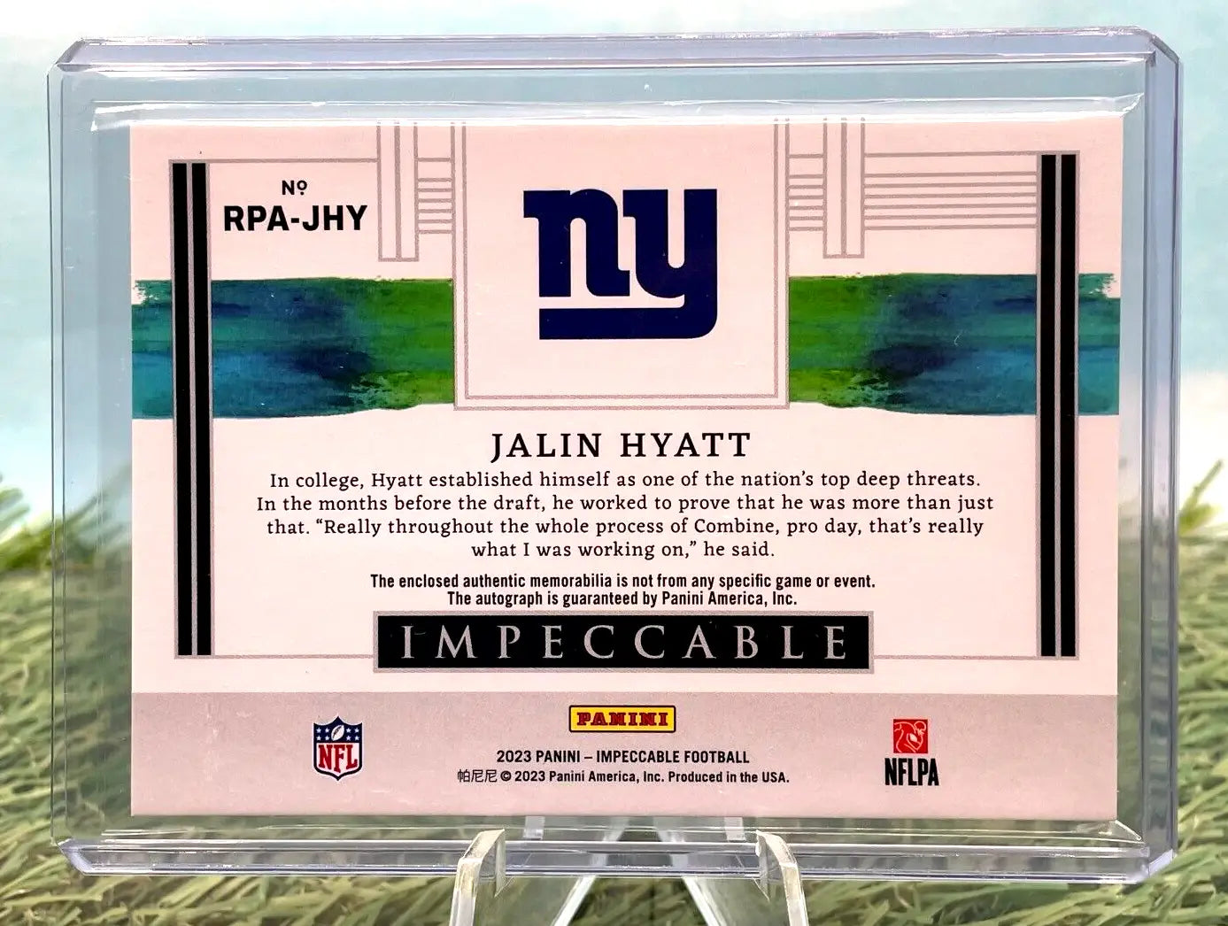 Jalin Hyatt football card from Panini Impeccable Football 2023 NY Giants RPA /49