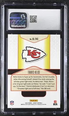 Encased Travis Kelce football card from 2023 Panini Legacy Travis Kelce Under the Lights series, CGC 10