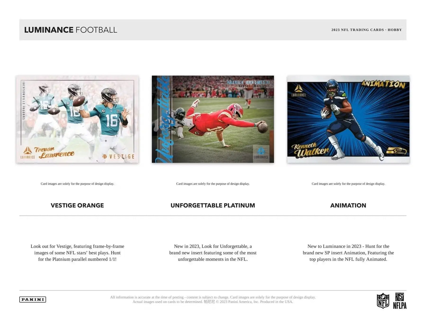 Promotional display for 2023 Panini Luminance Football trading cards with base luminance and rookie luminance